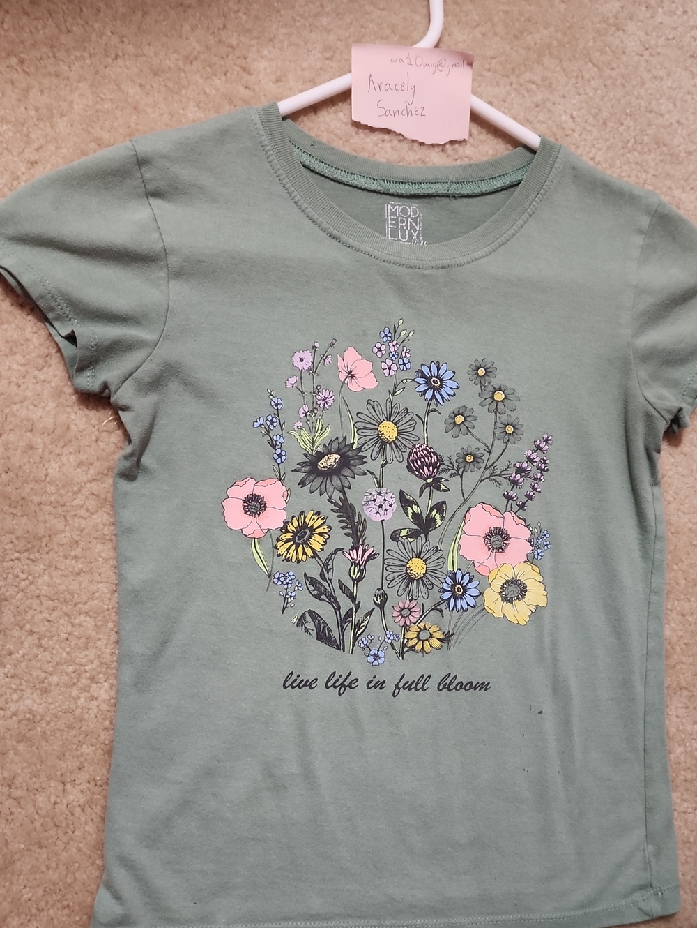 Modern Lux Kids Sage Green Floral Graphic Tee with Pastel Blooms